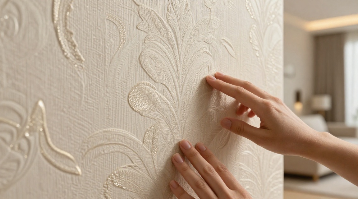 Крупный план текстуры премиальных обоев Milassa — руки рассматривают качественное флизелиновое покрытие с тиснением