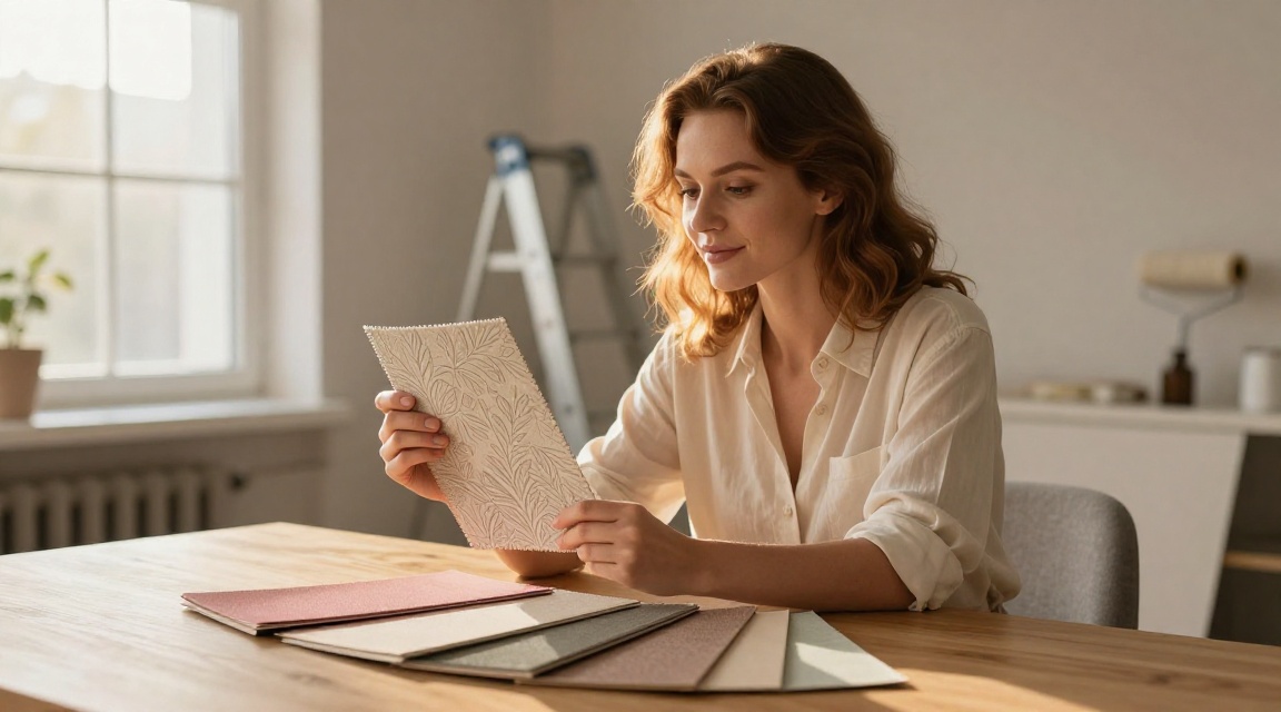 Женщина выбирает элегантные обои Milassa с ботаническим узором в светлой квартире во время ремонта